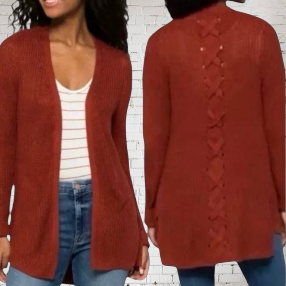 Rust Cardigan Small NWT | Open‑Front X‑Back Cozy Layering Statement